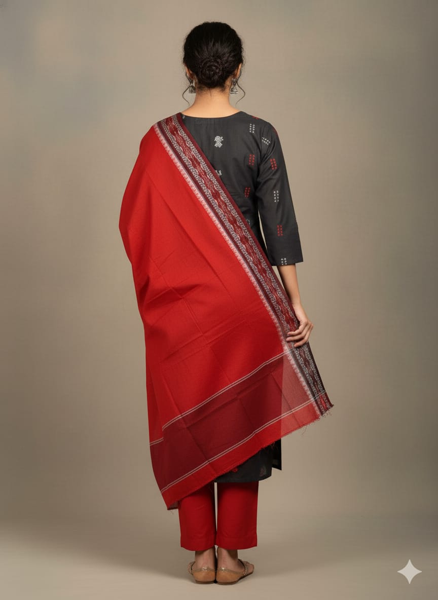 Black Red Doll Design Handwoven Odisha Ikat Unstitched Dress Material Set (Top 2.5m, Dupatt2.5m, Bottom 2m)