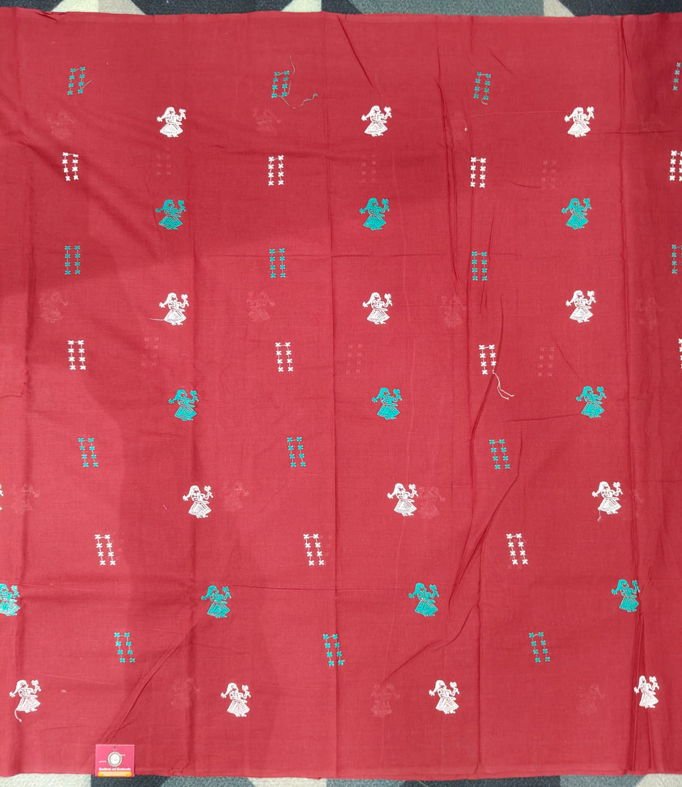 Maroon Rama Green Doll Design Handwoven Odisha Ikat Unstitched Dress Material Set (Top 2.5m, Dupatt2.5m, Bottom 2m)