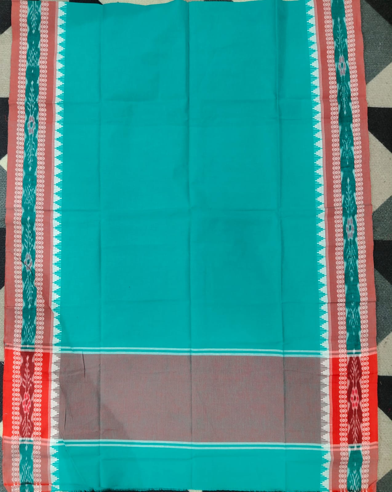 Maroon Rama Green Doll Design Handwoven Odisha Ikat Unstitched Dress Material Set (Top 2.5m, Dupatt2.5m, Bottom 2m)