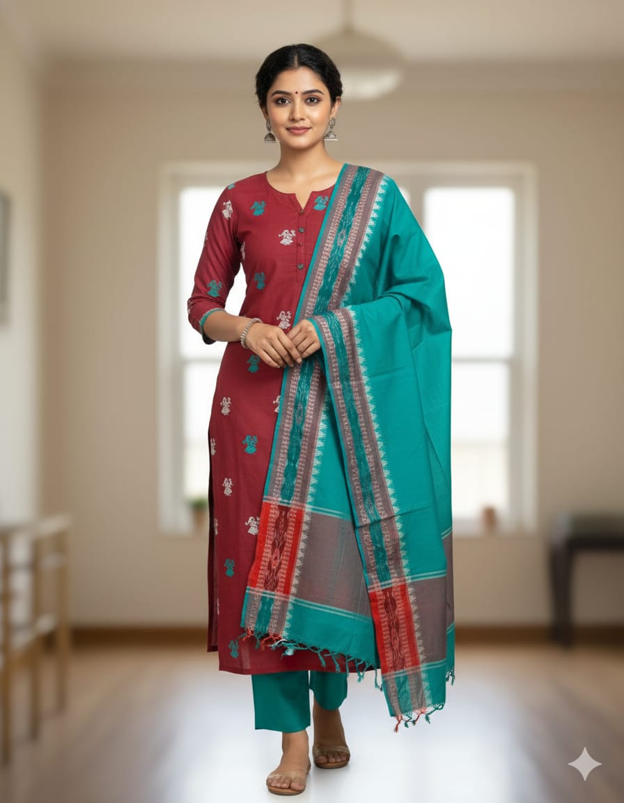 Maroon Rama Green Doll Design Handwoven Odisha Ikat Unstitched Dress Material Set (Top 2.5m, Dupatt2.5m, Bottom 2m)