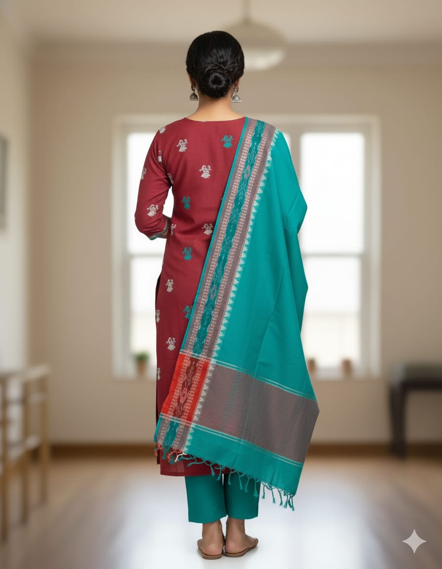 Maroon Rama Green Doll Design Handwoven Odisha Ikat Unstitched Dress Material Set (Top 2.5m, Dupatt2.5m, Bottom 2m)