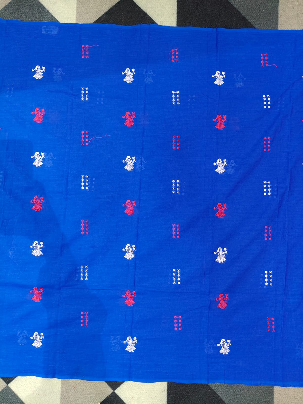 Blue Red Doll Design Handwoven Odisha Ikat Unstitched Dress Material Set (Top 2.5m, Dupatt2.5m, Bottom 2m)