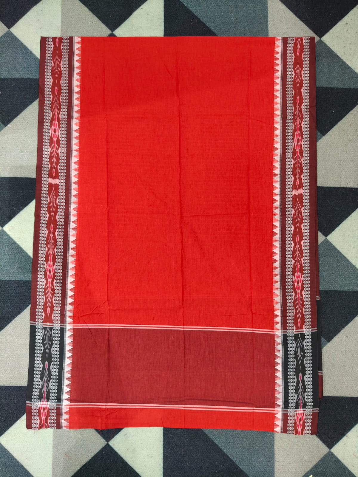 Blue Red Doll Design Handwoven Odisha Ikat Unstitched Dress Material Set (Top 2.5m, Dupatt2.5m, Bottom 2m)