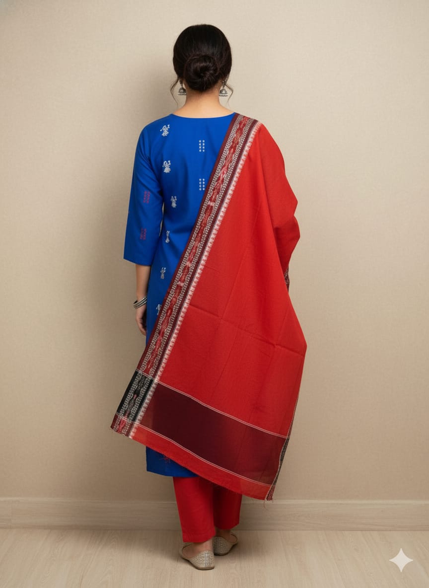 Blue Red Doll Design Handwoven Odisha Ikat Unstitched Dress Material Set (Top 2.5m, Dupatt2.5m, Bottom 2m)