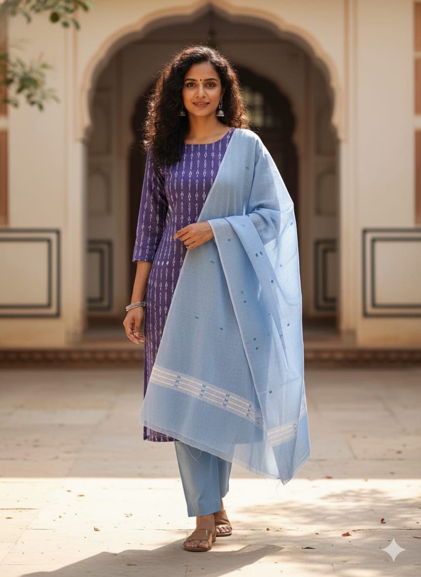 Navy Blue Light Sky Blue Handwoven Odisha Ikat Unstitched Dress Material Set (Top 2.5m, Dupatt2.5m, Bottom 2m)