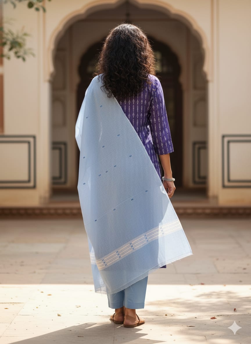 Navy Blue Light Sky Blue Handwoven Odisha Ikat Unstitched Dress Material Set (Top 2.5m, Dupatt2.5m, Bottom 2m)