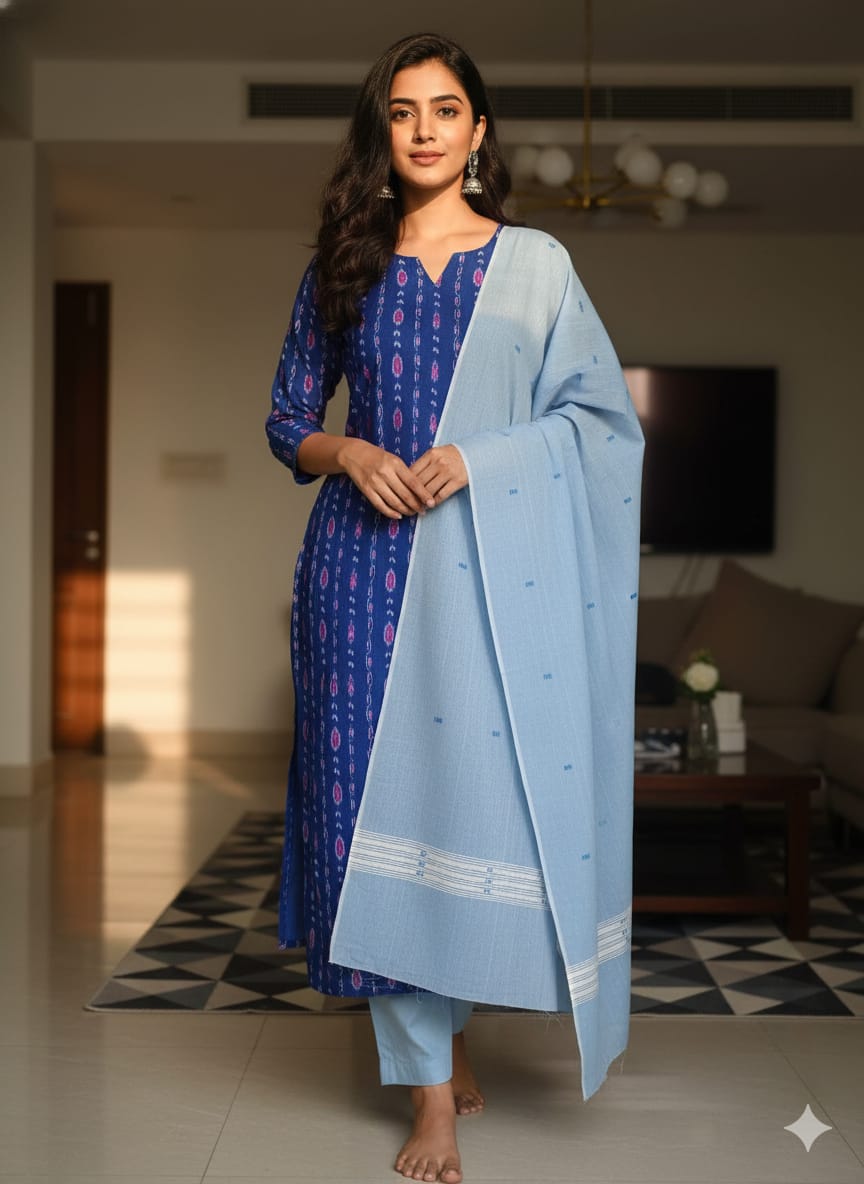 Royal Blue Light Sky Blue Handwoven Odisha Ikat Unstitched Dress Material Set (Top 2.5m, Dupatt2.5m, Bottom 2m)