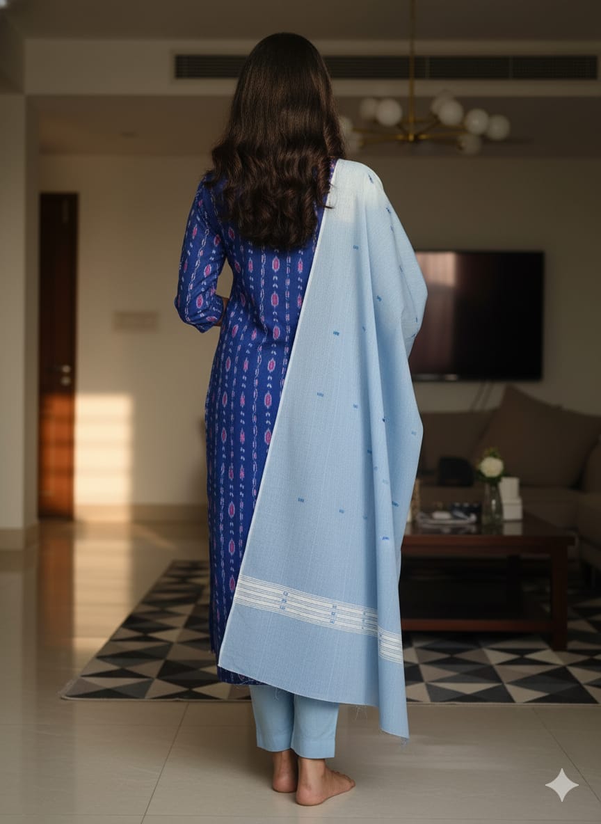 Royal Blue Light Sky Blue Handwoven Odisha Ikat Unstitched Dress Material Set (Top 2.5m, Dupatt2.5m, Bottom 2m)