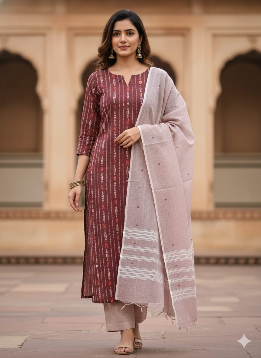 Maroon Brownish  Handwoven Odisha Ikat Unstitched Dress Material Set (Top 2.5m, Dupatt2.5m, Bottom 2m)