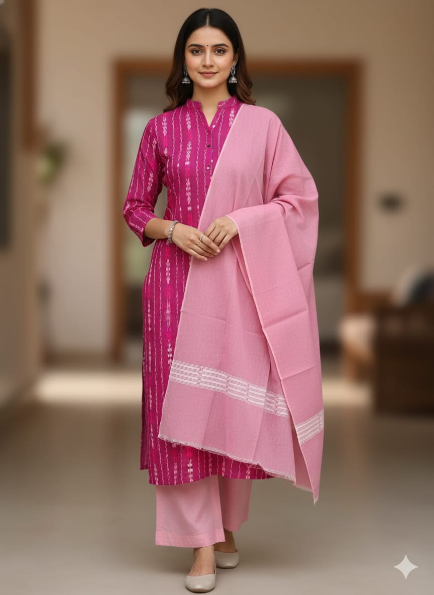 Magenta Baby Pink  Handwoven Odisha Ikat Unstitched Dress Material Set (Top 2.5m, Dupatt2.5m, Bottom 2m)