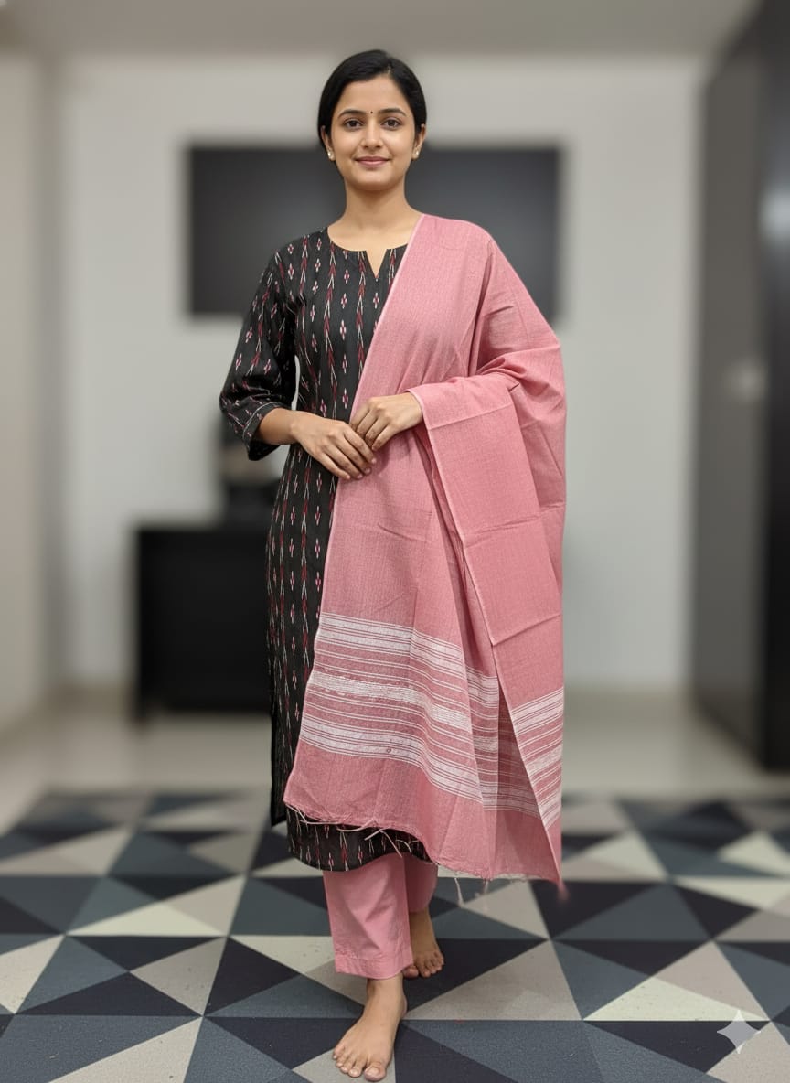 Black Baby Pink  Handwoven Odisha Ikat Unstitched Dress Material Set (Top 2.5m, Dupatt2.5m, Bottom 2m)