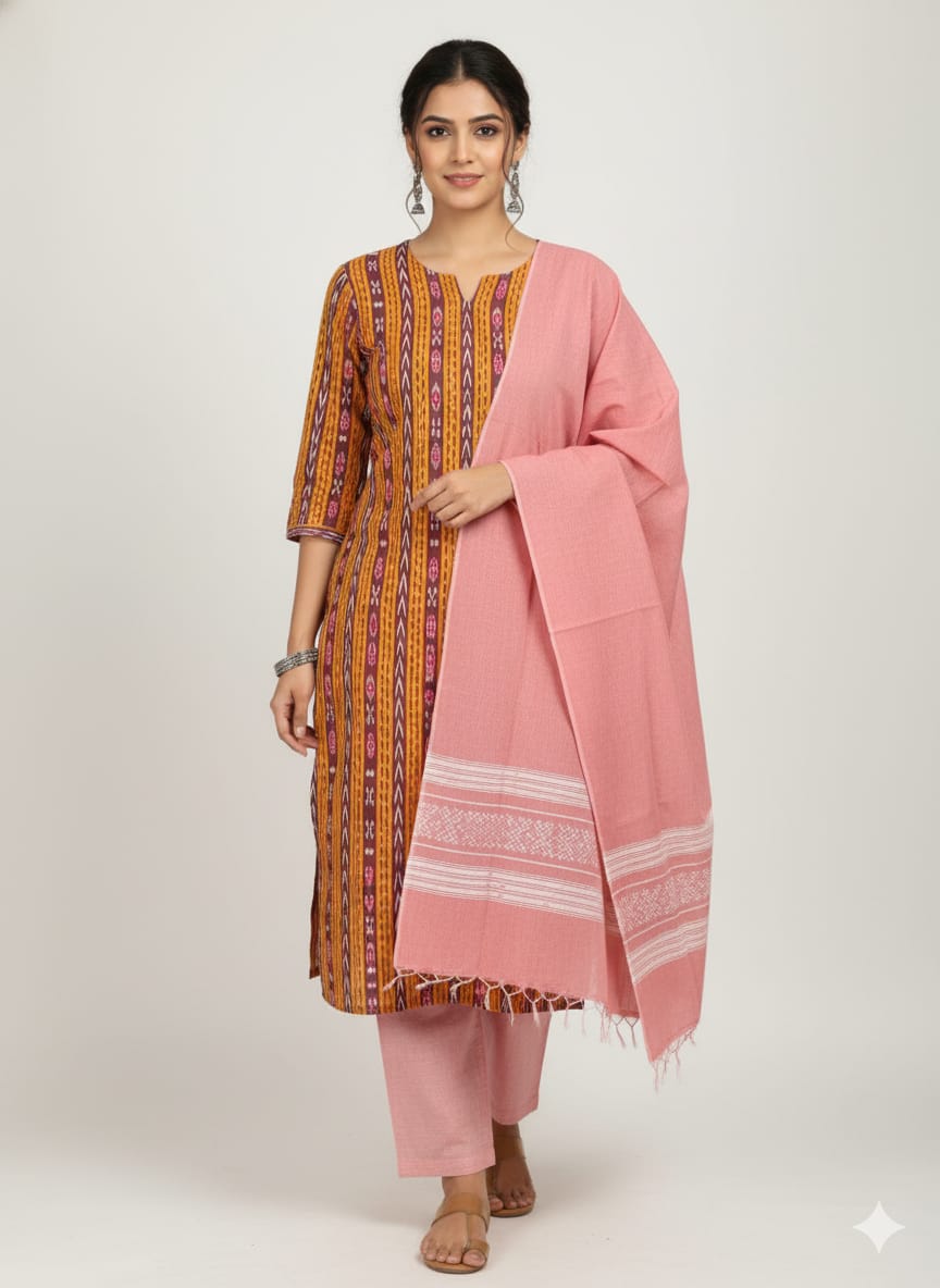 Orange Baby Pink  Handwoven Odisha Ikat Unstitched Dress Material Set (Top 2.5m, Dupatt2.5m, Bottom 2m)