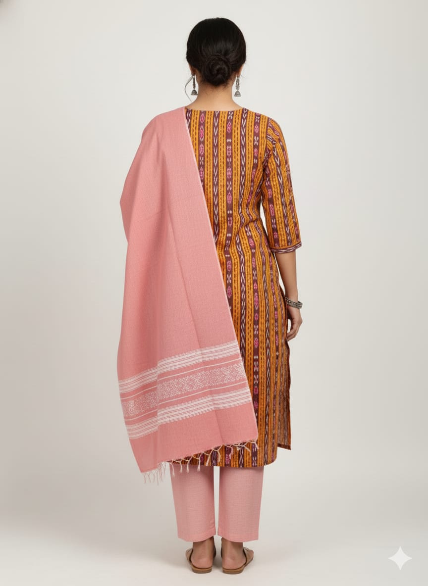 Orange Baby Pink  Handwoven Odisha Ikat Unstitched Dress Material Set (Top 2.5m, Dupatt2.5m, Bottom 2m)