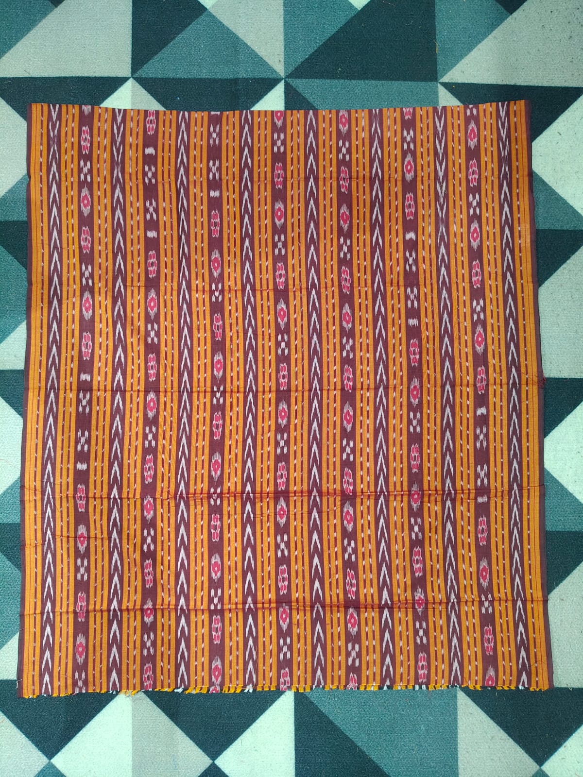Orange Baby Pink  Handwoven Odisha Ikat Unstitched Dress Material Set (Top 2.5m, Dupatt2.5m, Bottom 2m)
