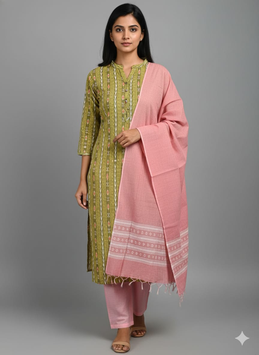 Mehendi Green Baby Pink  Handwoven Odisha Ikat Unstitched Dress Material Set (Top 2.5m, Dupatt2.5m, Bottom 2m)