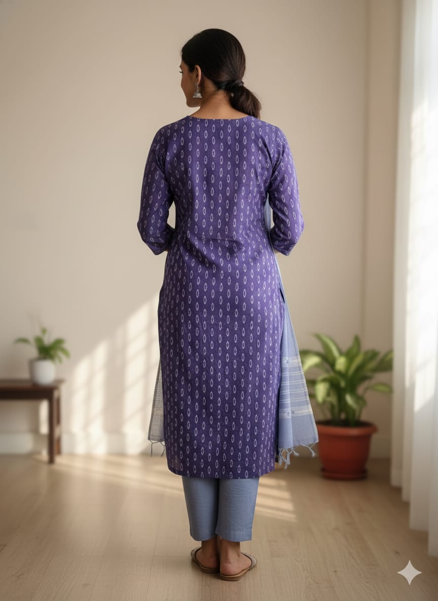 Navy Blue Sky Blue Handwoven Odisha Ikat Unstitched Dress Material Set (Top 2.5m, Dupatt2.5m, Bottom 2m)