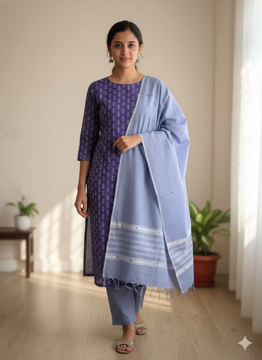 Navy Blue Sky Blue Handwoven Odisha Ikat Unstitched Dress Material Set (Top 2.5m, Dupatt2.5m, Bottom 2m)