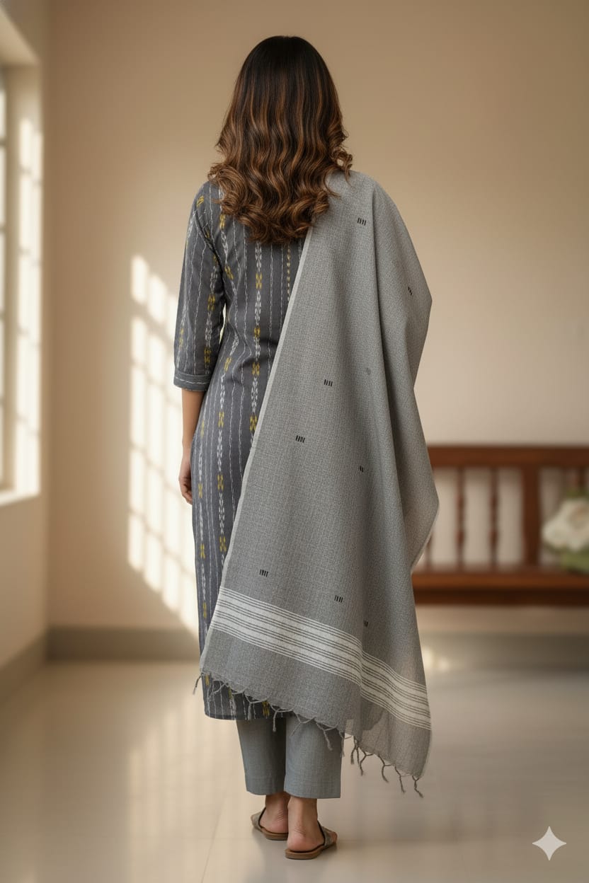 Black Grey Handwoven Odisha Ikat Unstitched Dress Material Set (Top 2.5m, Dupatt2.5m, Bottom 2m)