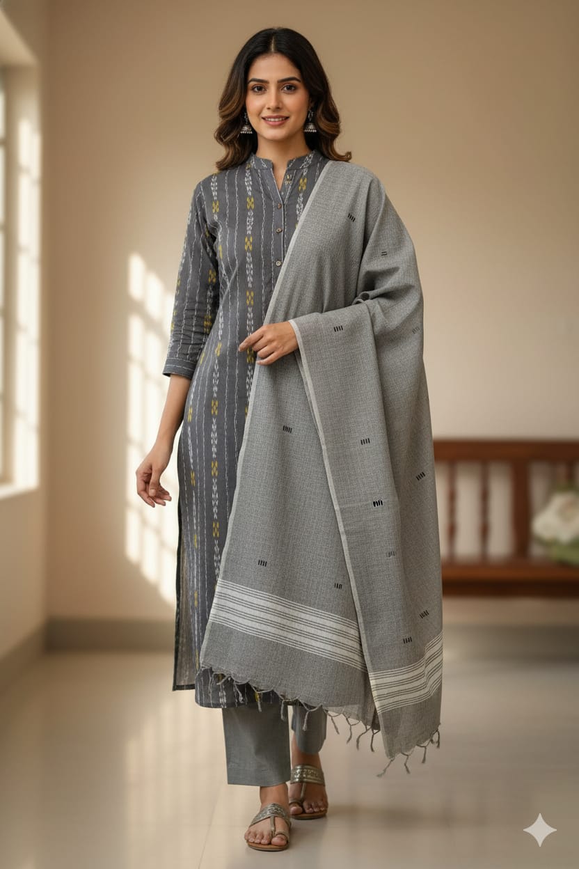 Black Grey Handwoven Odisha Ikat Unstitched Dress Material Set (Top 2.5m, Dupatt2.5m, Bottom 2m)