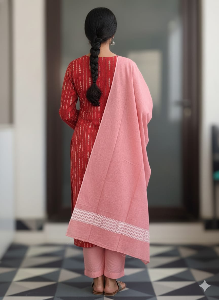 Maroon Baby Pink Handwoven Odisha Ikat Unstitched Dress Material Set (Top 2.5m, Dupatt2.5m, Bottom 2m)