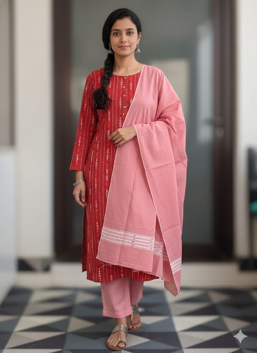 Maroon Baby Pink Handwoven Odisha Ikat Unstitched Dress Material Set (Top 2.5m, Dupatt2.5m, Bottom 2m)