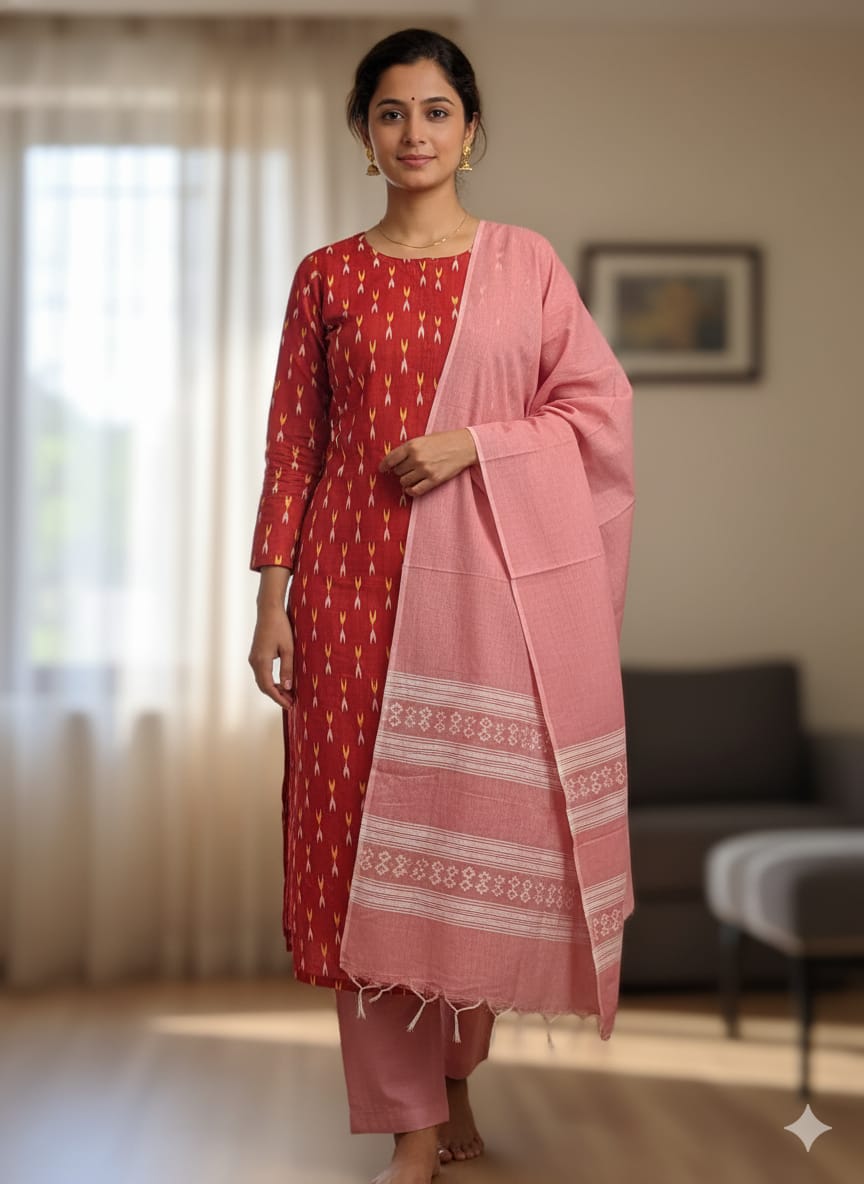 Maroon Baby Pink Handwoven Odisha Ikat Unstitched Dress Material Set (Top 2.5m, Dupatt2.5m, Bottom 2m)