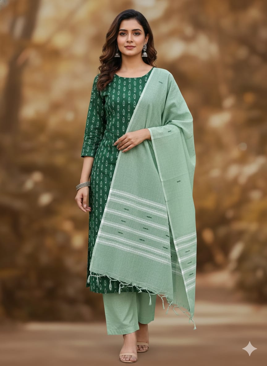 Green Greyish-green Handwoven Odisha Ikat Unstitched Dress Material Set (Top 2.5m, Dupatt2.5m, Bottom 2m)
