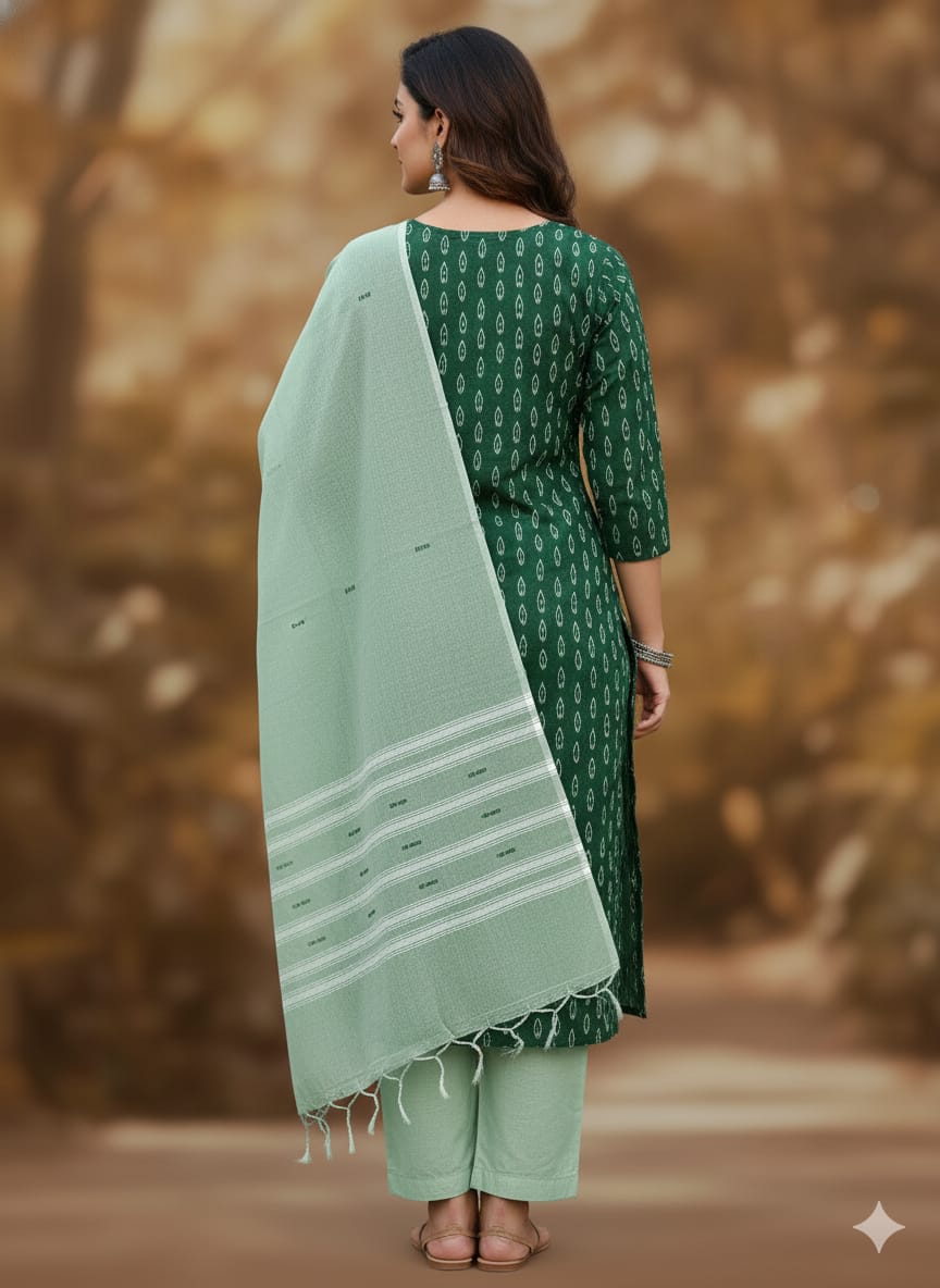Green Greyish-green Handwoven Odisha Ikat Unstitched Dress Material Set (Top 2.5m, Dupatt2.5m, Bottom 2m)