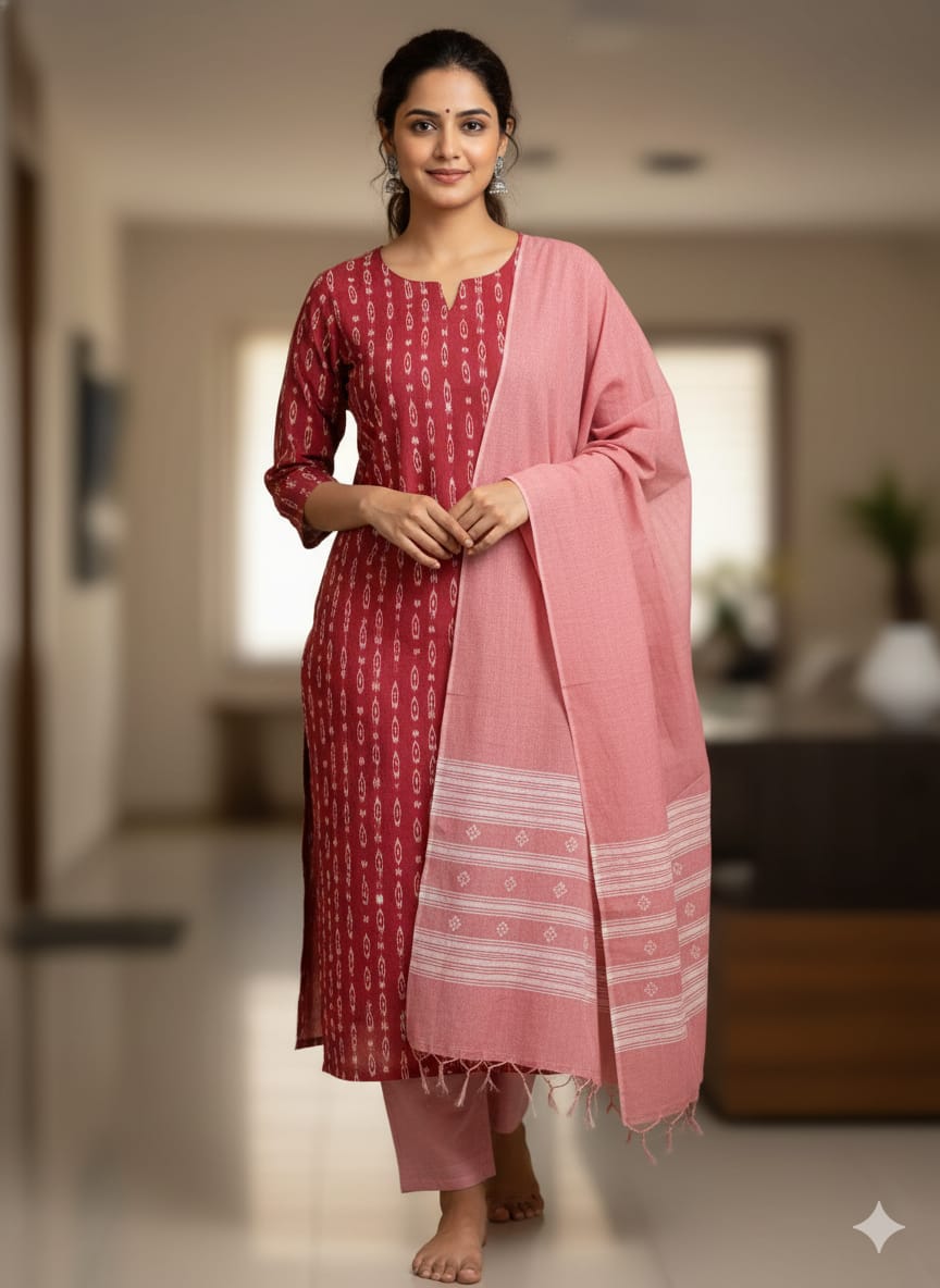 Maroon Baby Pink Handwoven Odisha Ikat Unstitched Dress Material Set (Top 2.5m, Dupatt2.5m, Bottom 2m)