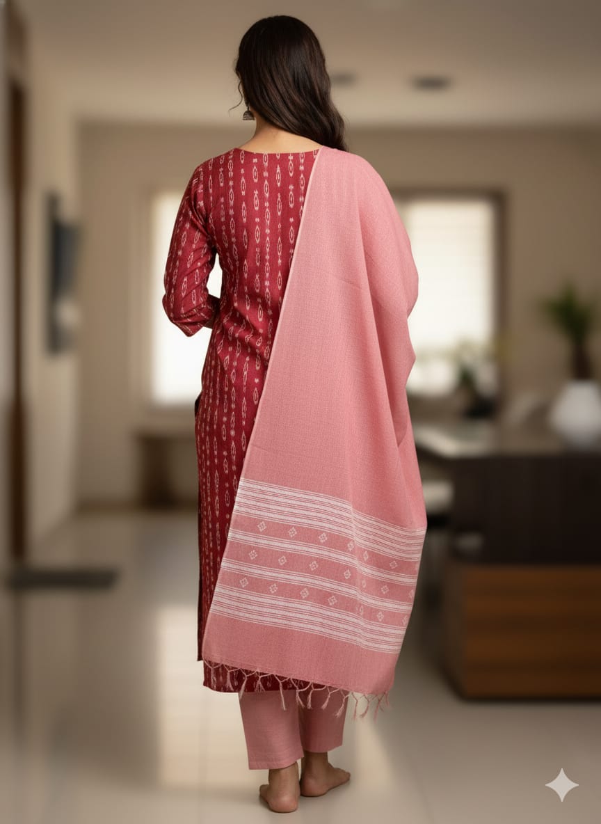 Maroon Baby Pink Handwoven Odisha Ikat Unstitched Dress Material Set (Top 2.5m, Dupatt2.5m, Bottom 2m)