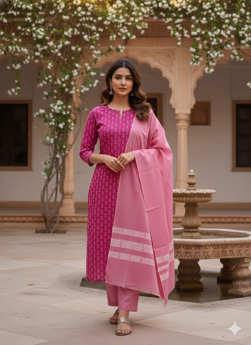 Magenta Light Pink Handwoven Odisha Ikat Unstitched Dress Material Set (Top 2.5m, Dupatt2.5m, Bottom 2m)