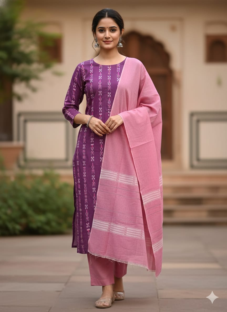 Maroon Peach Handwoven Odisha Ikat Unstitched Dress Material Set (Top 2.5m, Dupatt2.5m, Bottom 2m)