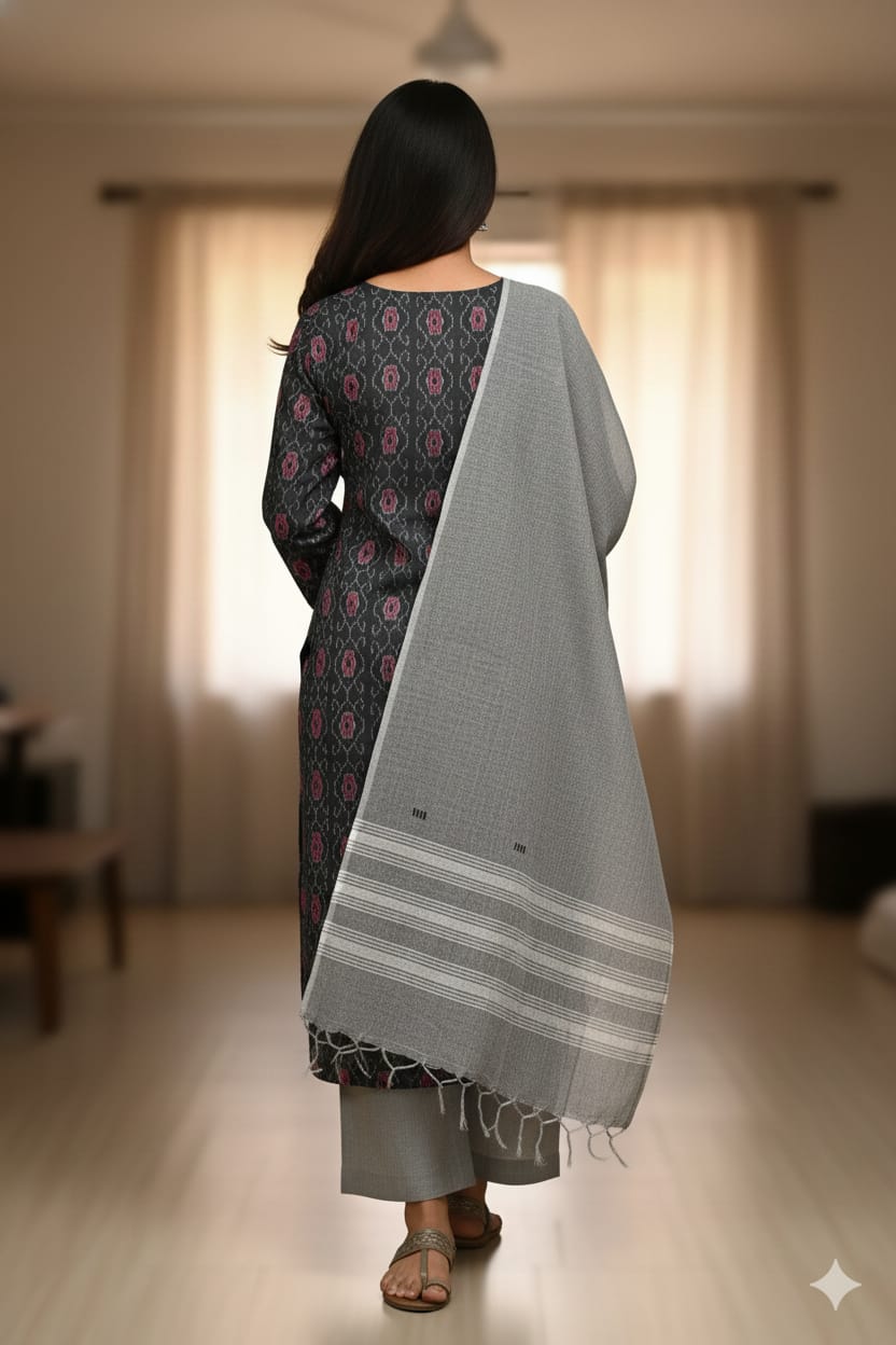 Black Grey Handwoven Odisha Ikat Unstitched Dress Material Set (Top 2.5m, Dupatt2.5m, Bottom 2m)