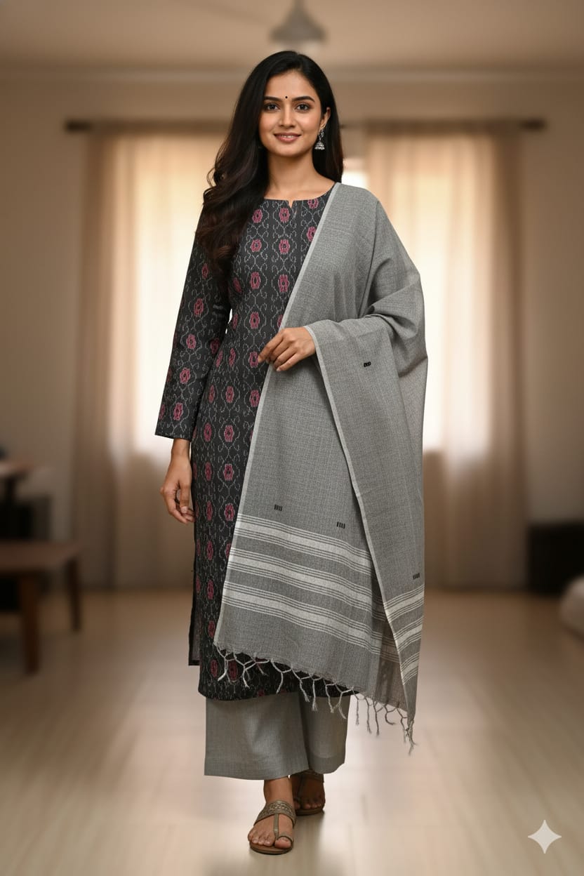 Black Grey Handwoven Odisha Ikat Unstitched Dress Material Set (Top 2.5m, Dupatt2.5m, Bottom 2m)