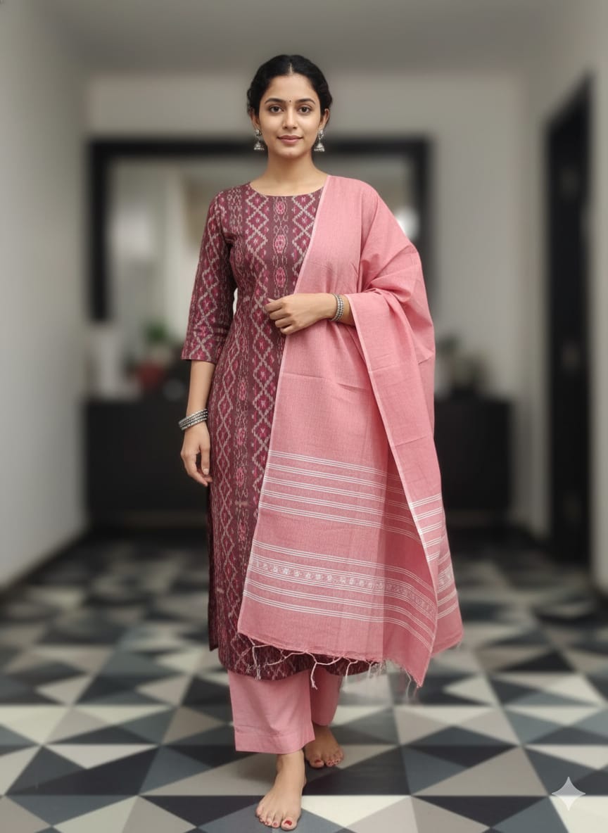 Maroon Peach Handwoven Odisha Ikat Unstitched Dress Material Set (Top 2.5m, Dupatt2.5m, Bottom 2m)