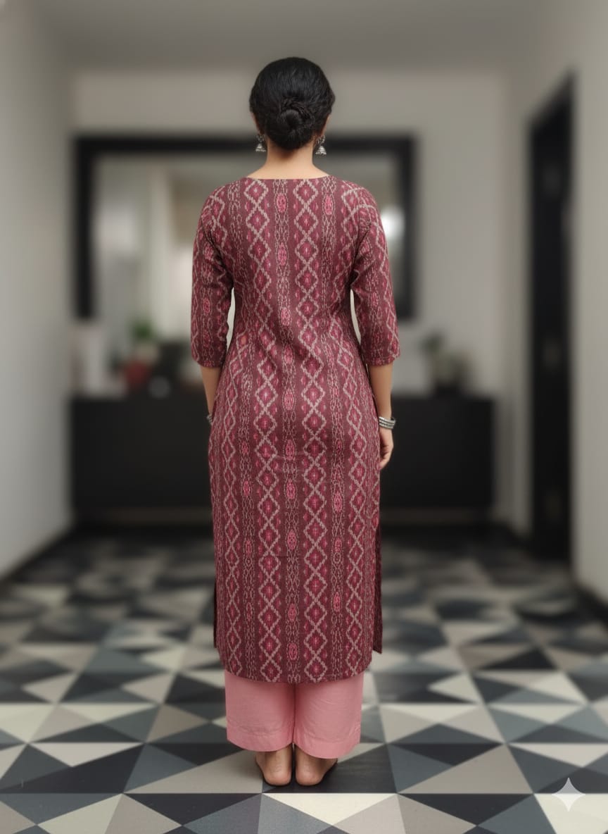 Maroon Peach Handwoven Odisha Ikat Unstitched Dress Material Set (Top 2.5m, Dupatt2.5m, Bottom 2m)