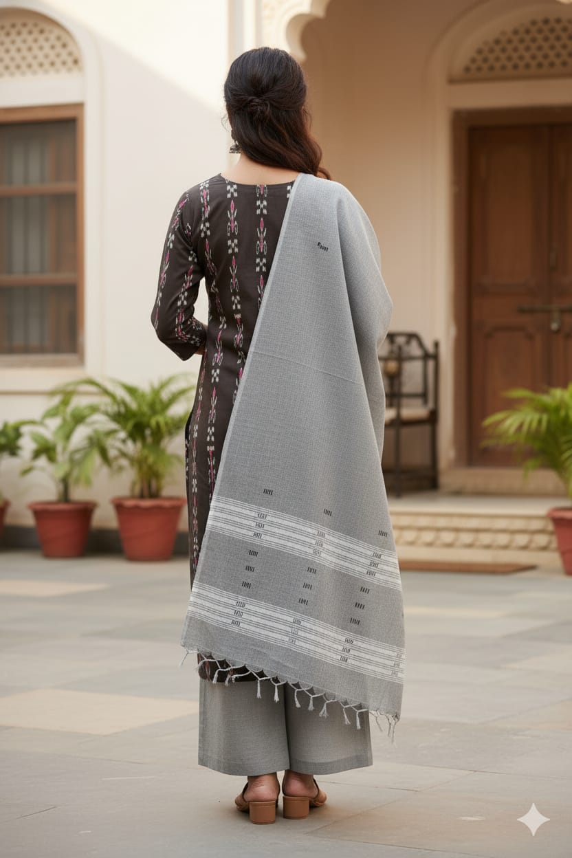 Black Grey Handwoven Odisha Ikat Unstitched Dress Material Set (Top 2.5m, Dupatt2.5m, Bottom 2m)