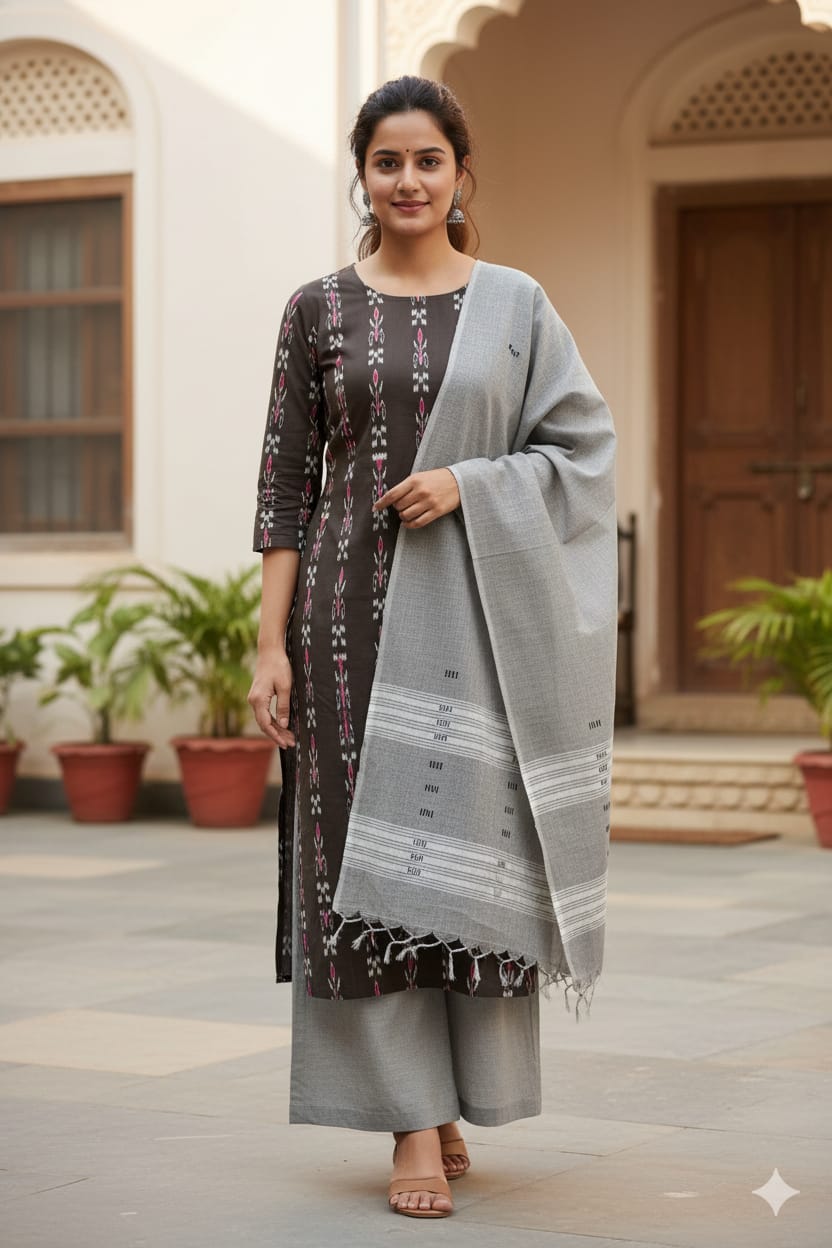 Black Grey Handwoven Odisha Ikat Unstitched Dress Material Set (Top 2.5m, Dupatt2.5m, Bottom 2m)