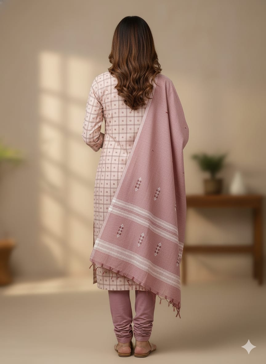 Cream Brownish Handwoven Odisha Ikat Unstitched Dress Material Set (Top 2.5m, Dupatt2.5m, Bottom 2m)