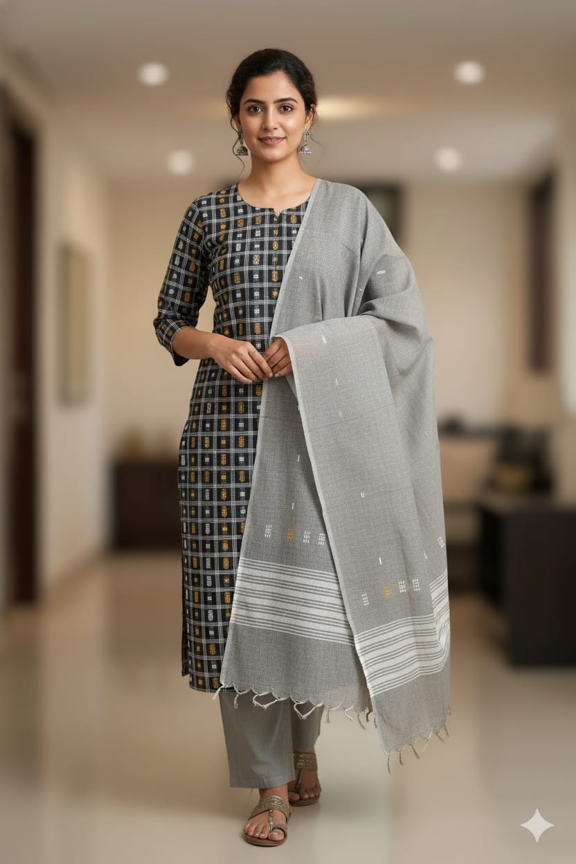 Black Grey Fish Buti Handwoven Odisha Ikat Unstitched Dress Material Set (Top 2.5m, Dupatt2.5m, Bottom 2m)