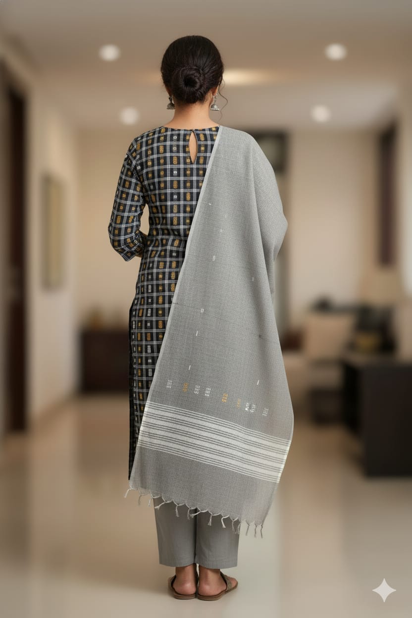 Black Grey Fish Buti Handwoven Odisha Ikat Unstitched Dress Material Set (Top 2.5m, Dupatt2.5m, Bottom 2m)