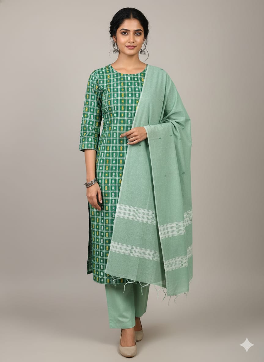 Green Greyish-green Fish Buti Handwoven Odisha Ikat Unstitched Dress Material Set (Top 2.5m, Dupatt2.5m, Bottom 2m)