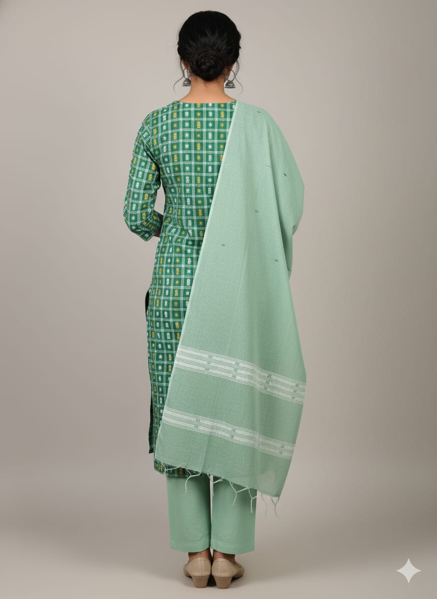 Green Greyish-green Fish Buti Handwoven Odisha Ikat Unstitched Dress Material Set (Top 2.5m, Dupatt2.5m, Bottom 2m)