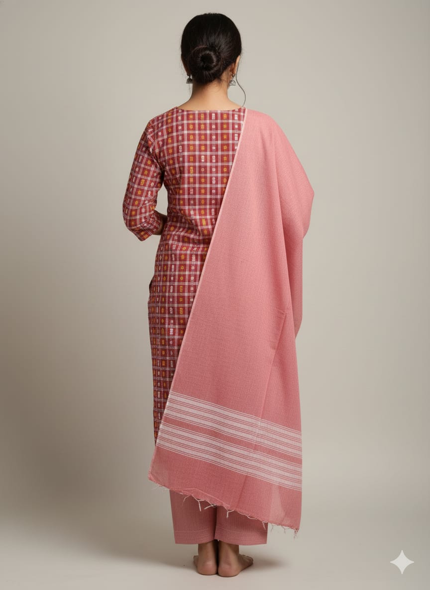 Maroon Peach Fish Buti Handwoven Odisha Ikat Unstitched Dress Material Set (Top 2.5m, Dupatt2.5m, Bottom 2m)