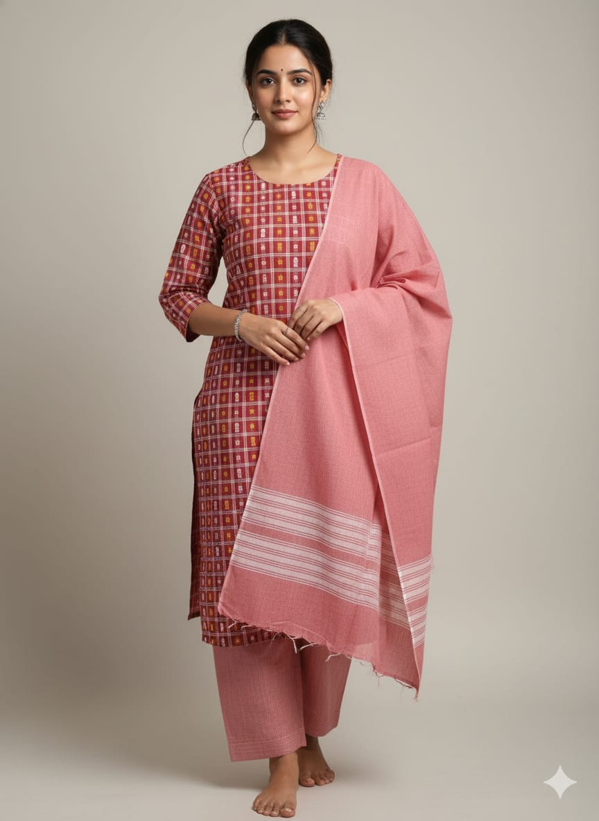 Maroon Peach Fish Buti Handwoven Odisha Ikat Unstitched Dress Material Set (Top 2.5m, Dupatt2.5m, Bottom 2m)