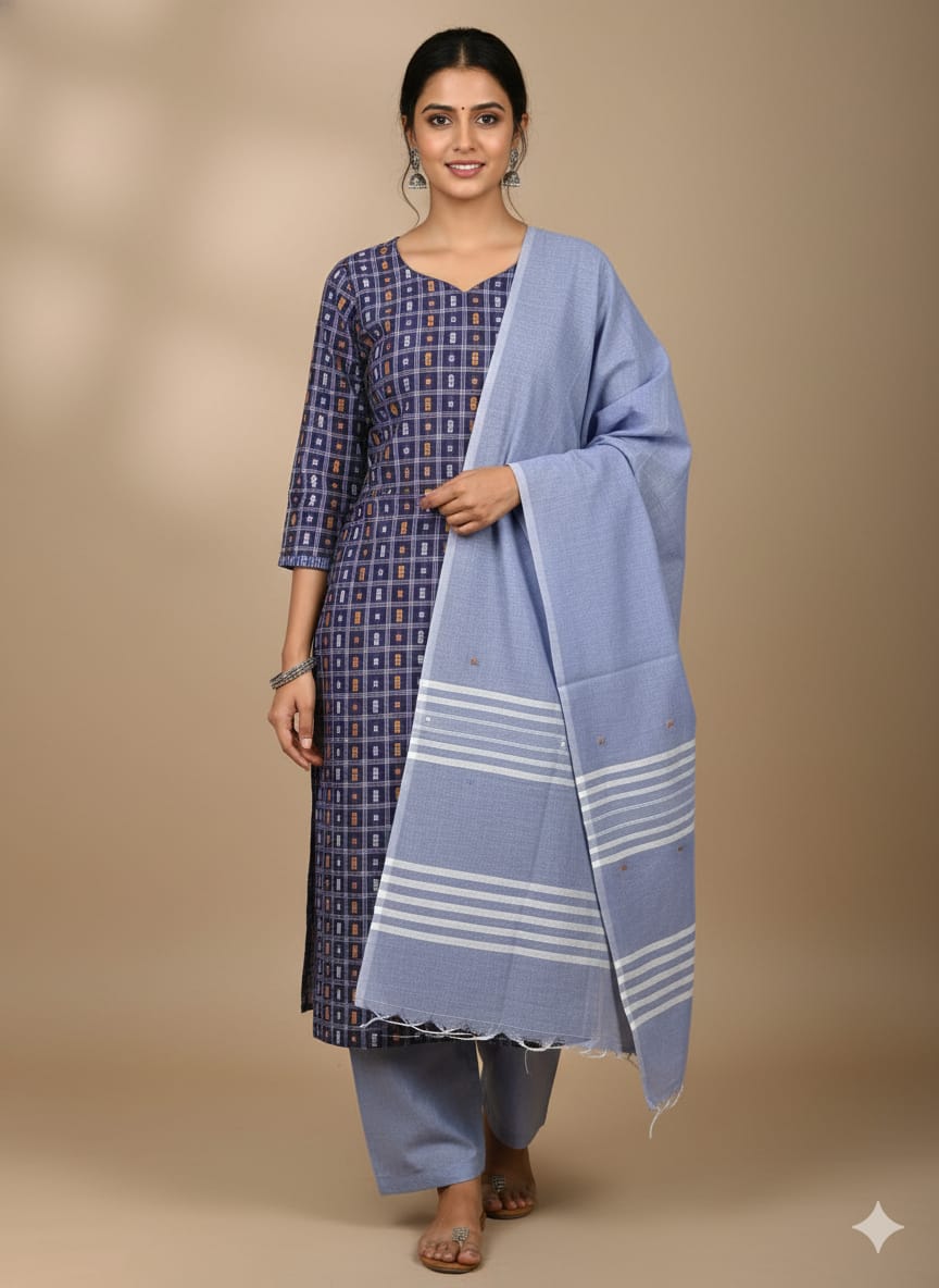 Blue Ink-blue Fish Buti Handwoven Odisha Ikat Unstitched Dress Material Set (Top 2.5m, Dupatt2.5m, Bottom 2m)