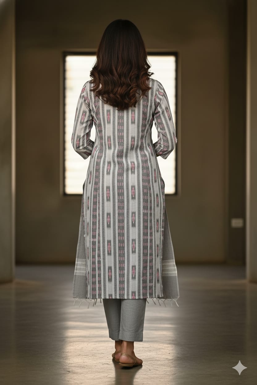 White Grey Ikat Disign Handwoven Odisha Ikat Unstitched Dress Material Set (Top 2.5m, Dupatt2.5m, Bottom 2m)