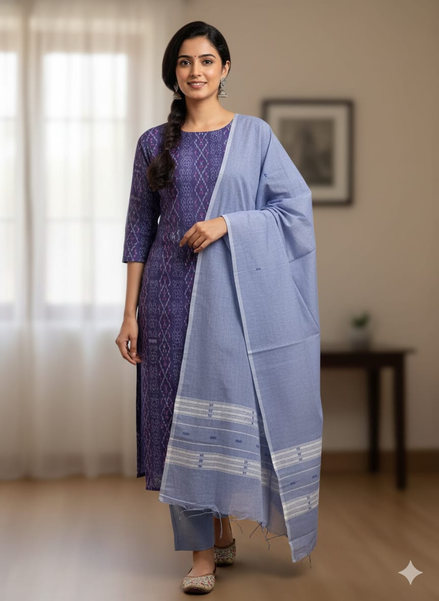 Blue Ink-blue Ikat Disign Handwoven Odisha Ikat Unstitched Dress Material Set (Top 2.5m, Dupatt2.5m, Bottom 2m)