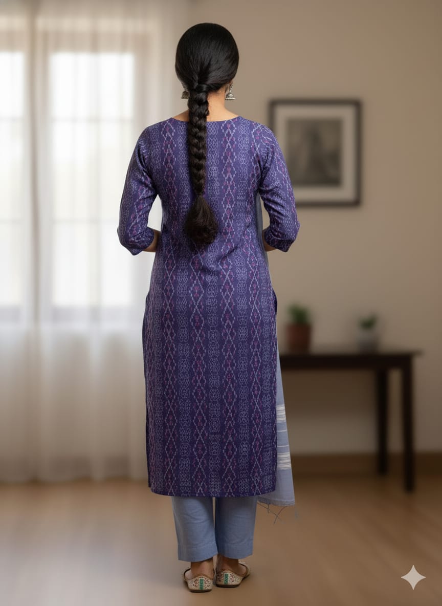 Blue Ink-blue Ikat Disign Handwoven Odisha Ikat Unstitched Dress Material Set (Top 2.5m, Dupatt2.5m, Bottom 2m)