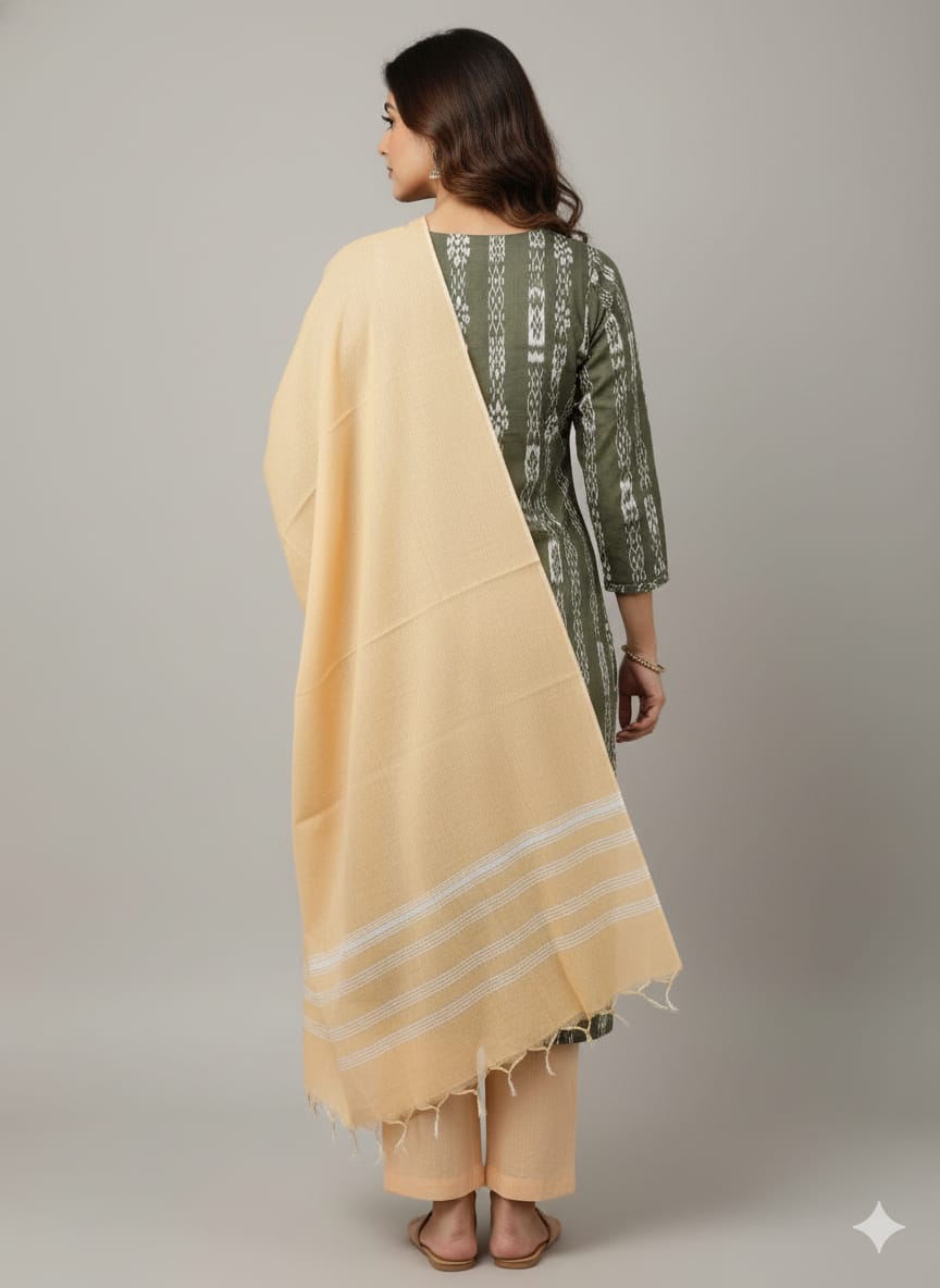 Mehendi Cream Ikat Disign Handwoven Odisha Ikat Unstitched Dress Material Set (Top 2.5m, Dupatt2.5m, Bottom 2m)